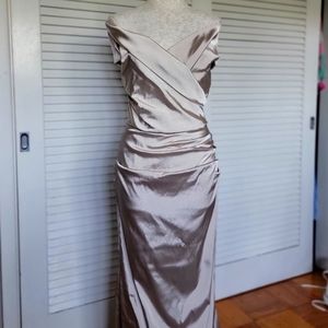 Rickie Freeman for Teri Jon Champagne Ruched Off Shoulder Gown. Size 16.
